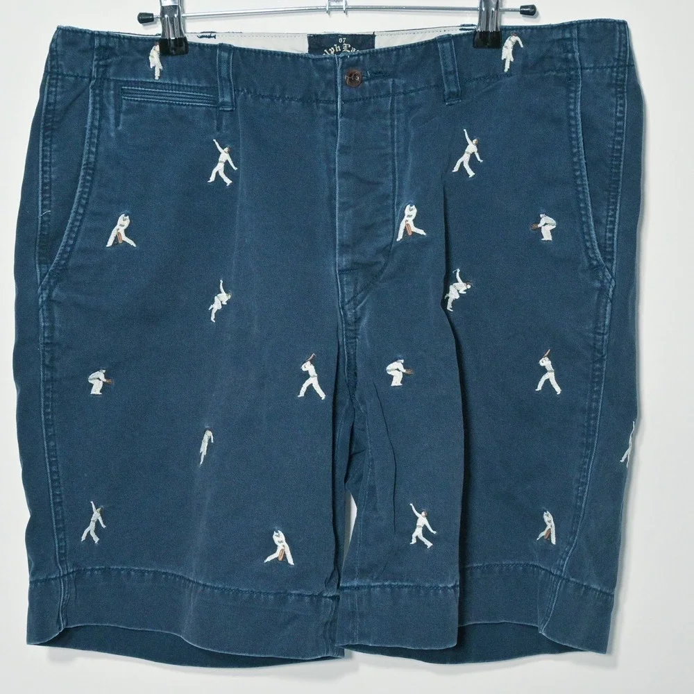 Polo Ralph Lauren Shorts Mens 36 Blue Chino Cricket Player Embroidered Casual
